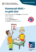 Titelansicht der Wahlhilfe Broschüre "Kommunalwahl- so geht das!" mit 2 Figuren und Kalenderblatt 26. Mai 2024 in Leichter Sprache