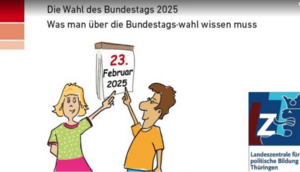 verlinktes Titelbild der Broschüre mit dem Text: Einfach wählen gehen! Die Wahl des Bundestags 2025 Was man über die Bundestags·wahl wissen muss . Klick öffnet die Webseite https://www.lztthueringen.de/downloads/?pub=230&func=show.