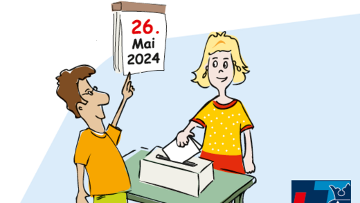 Titelbild der Wahlbroschüre mit zwei Figuren, die an einer Wahlurne stehen (Grafik), Titel "Kommunalwahl- so geht das!"