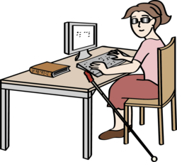 Blinde Frau am Computer. Klick öffnet eine vergrößerte Ansicht.