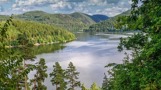Blick auf einen See im Tal umgeben von grünen Hängen (Bild: pixabay)